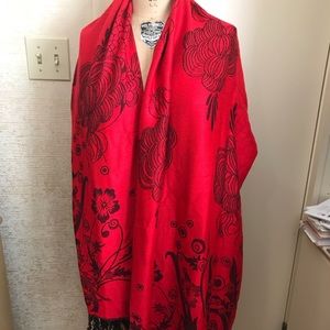 Oversized Red & Black Scarf Fringed Wrap